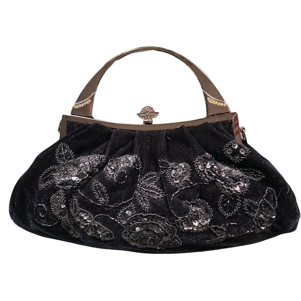Vintage Black Velour Clutch with Beaded and Sequin Embellishments